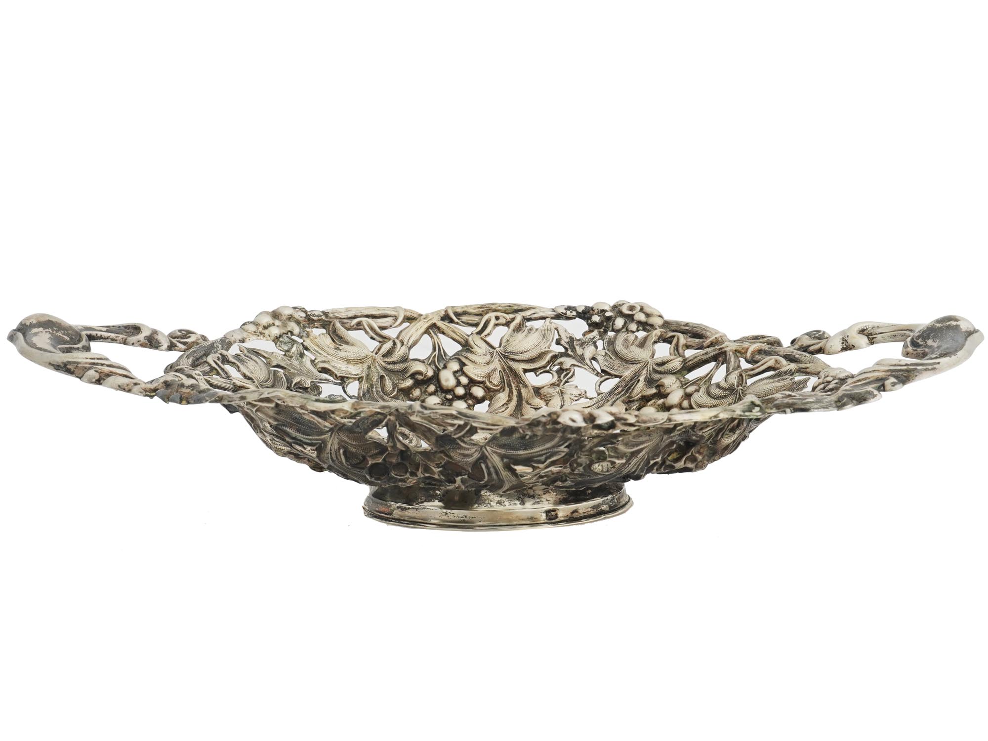 RUSSIAN SILVER GRAPEVINE EMBOSSED FRUIT BASKET PIC-1